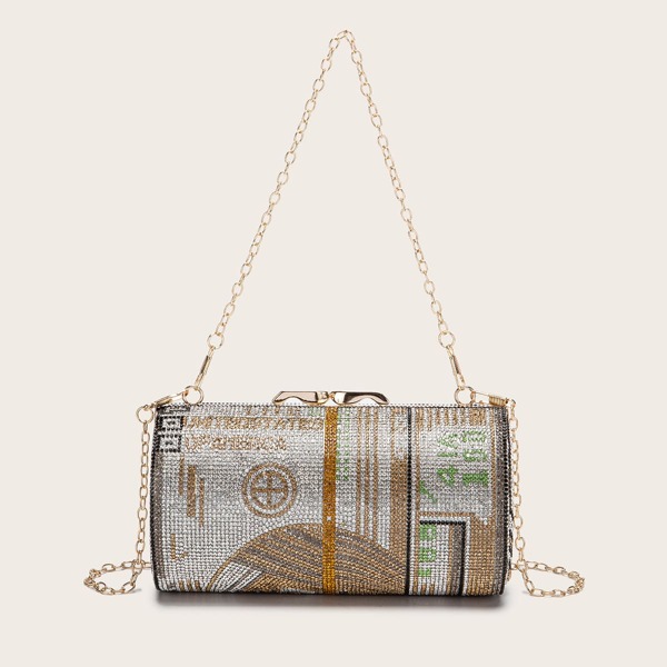 

Rhinestone Decor Chain Bucket Bag, Gold