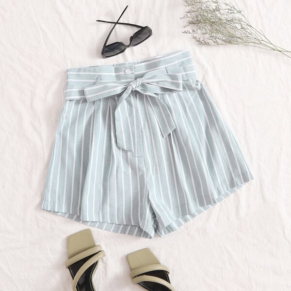 

Striped Belted Shorts, Mint green