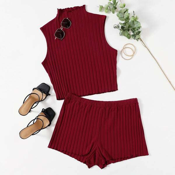 

Plus Lettuce Trim Rib-knit Tank Top & Shorts Set, Burgundy