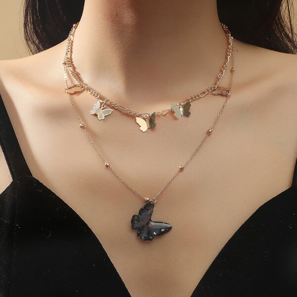 

Butterfly Charm Layered Necklace, Gold