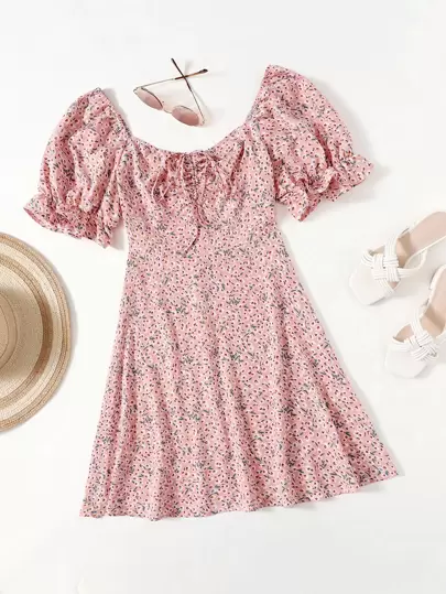 Soleia 大碼抽繩結飾前抽褶小碎花女僕風連衣裙