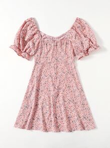 Soleia 大碼抽繩結飾前抽褶小碎花女僕風連衣裙