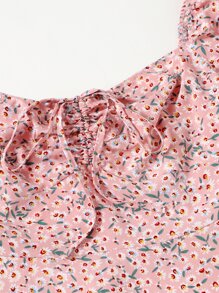 Soleia 大碼抽繩結飾前抽褶小碎花女僕風連衣裙