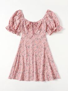 Soleia 大碼抽繩結飾前抽褶小碎花女僕風連衣裙