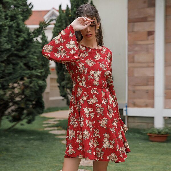 

Floral Print Flounce Sleeve Dress, Burgundy