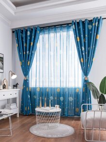 兒童行星圖案單面窗簾 - 藍色 - 查看 1