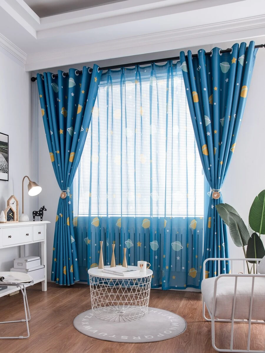 兒童行星圖案單面窗簾 - 藍色 - 查看 1