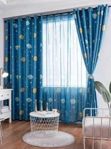 兒童行星圖案單面窗簾 - 藍色 - 查看 5