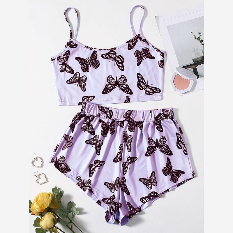 

Butterfly Print Cami Pajama Set, Purple