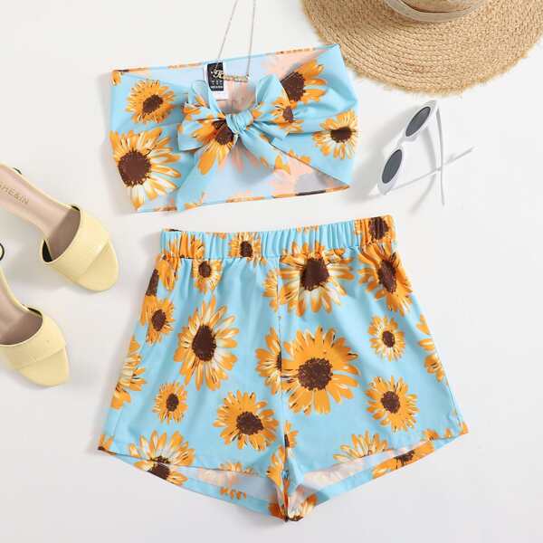

Tie Front Sunflower Tube Top & Shorts Set, Multicolor