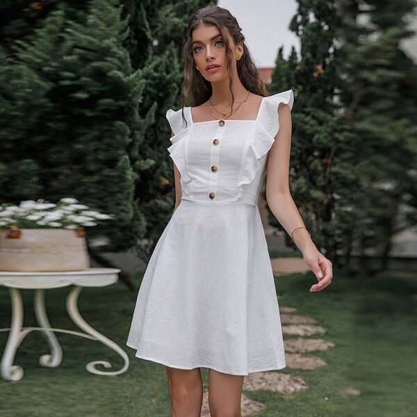 

Solid Ruffle Trim A-line Dress, White