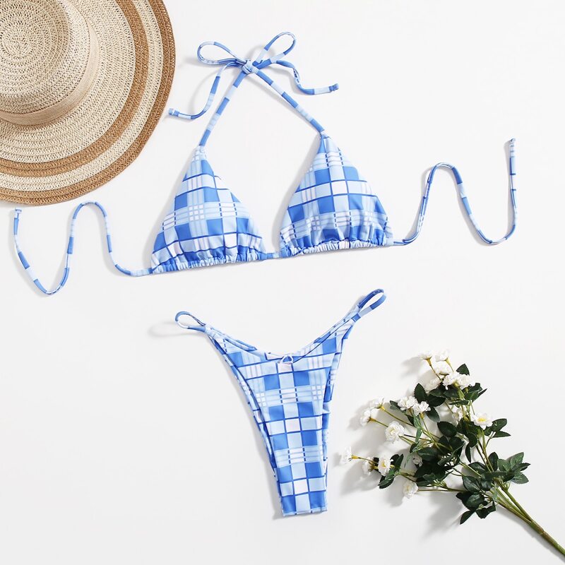 

Plaid Print Bikini Swimsuit, Blue