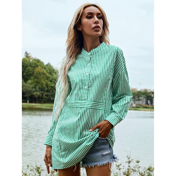 

Striped Half Button Longline Blouse, Green