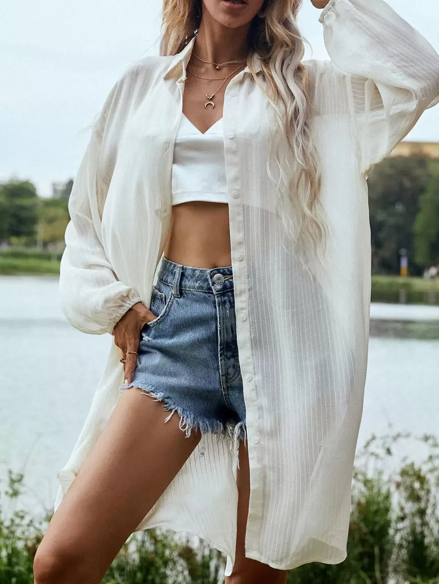 SHEIN Privé Áo sơ mi cắt màu trơn Giải trí - Màu be - Xem 1