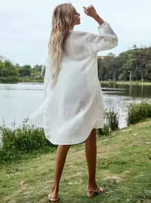 SHEIN Privé Áo sơ mi cắt màu trơn Giải trí - Màu be - Xem 2