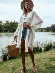 SHEIN Privé Áo sơ mi cắt màu trơn Giải trí - Màu be - Xem 4