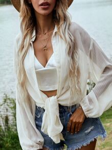 SHEIN Privé Áo sơ mi cắt màu trơn Giải trí - Màu be - Xem 5