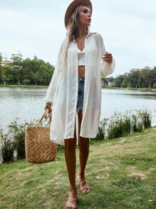 SHEIN Privé Áo sơ mi cắt màu trơn Giải trí - Màu be - Xem 7