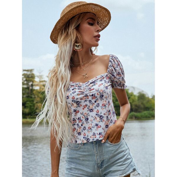 

All Over Floral Print Puff Sleeve Crop Tee, Multicolor