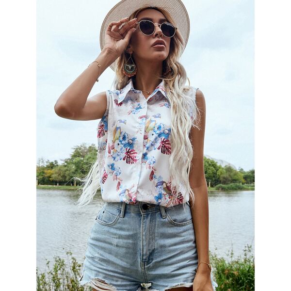 

Floral Print Button Up Blouse, White
