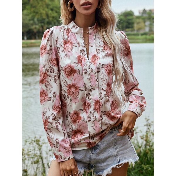 

All Over Floral Print Notched Neck Puff Sleeve Blouse, Multicolor