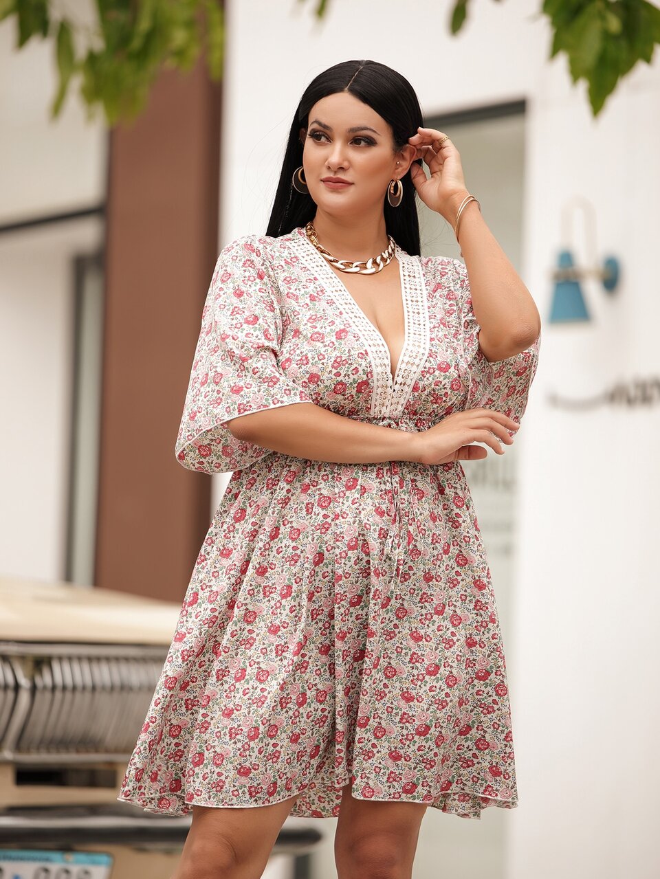 Plus Allover Floral Lace Insert A-line Dress