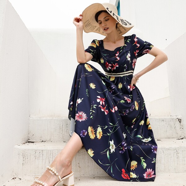 

Floral Square Neck Puff Sleeve A-line Dress, Navy blue