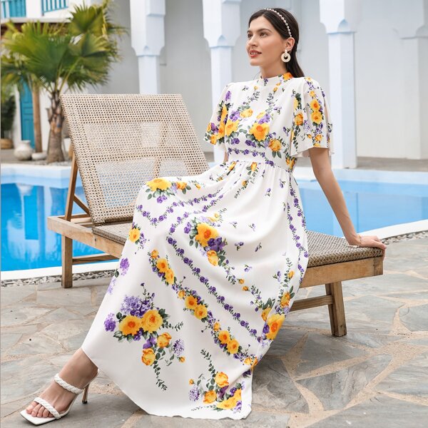 

Floral Mock Neck Flutter Sleeve A-line Dress, Multicolor