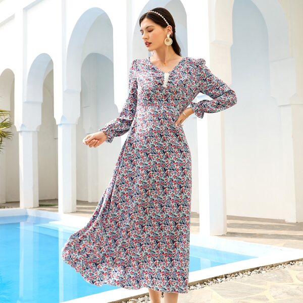 

All Over Floral Print Flounce Sleeve Pearls A-line Dress, Multicolor