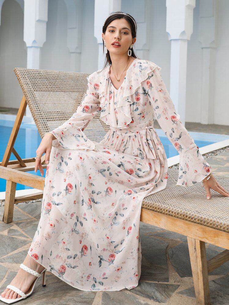 floral print flared sleeve pleated chiffon dress Puff Sleeve Floral Print Flared Sleeve Pleated Chiffon Dress Blue Floral  Chiffon Pleated Flare Sleeve Dress