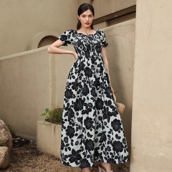 

Floral Print Shirred Bardot Dress, Multicolor
