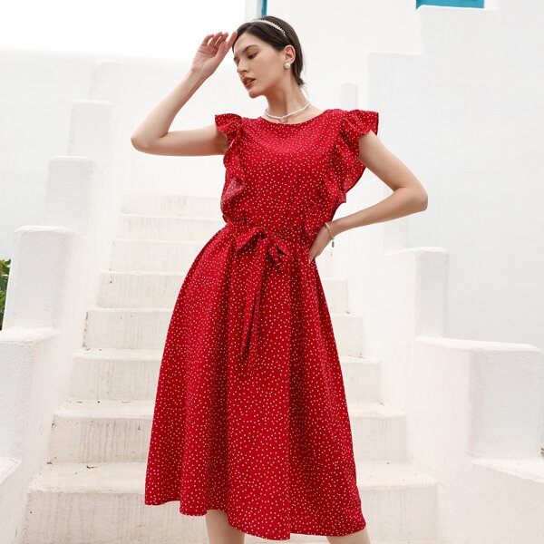 

Polka Dot Ruffle Trim Belted Dress, Burgundy