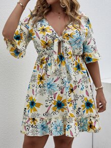 SHEIN Holidaya 大碼花卉繫帶荷葉邊袖荷葉邊下擺洋裝 - 彩色 - 查看 5