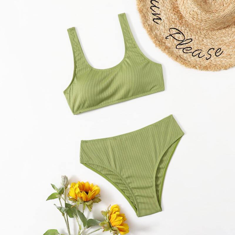 

Solid Tank Rib Bikini Swimsuit, Green