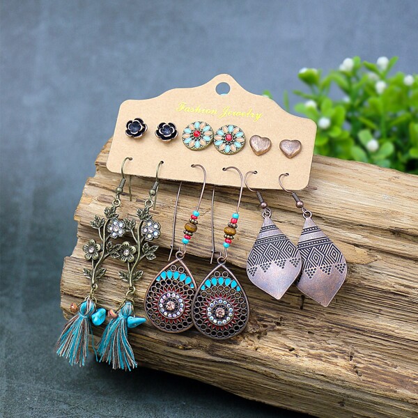 

6pairs Tassel Charm Water-drop Charm Earrings, Multicolor