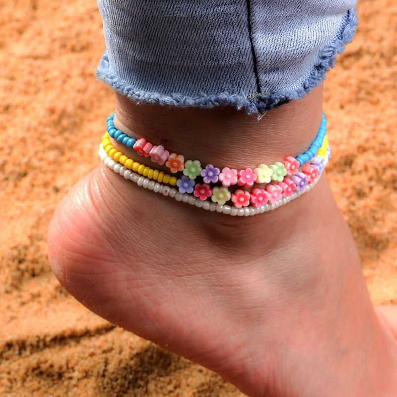 

3pcs Flower Beaded Anklet, Multicolor