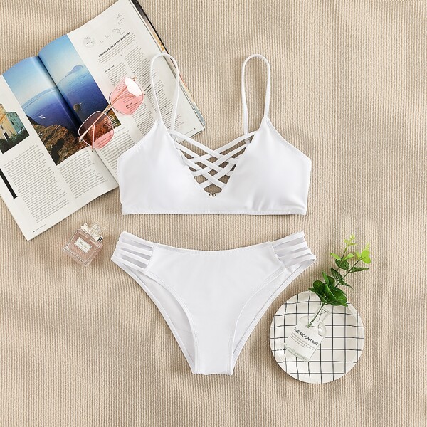 

Cut Out Lattice Front Bikini Swimsuit, White