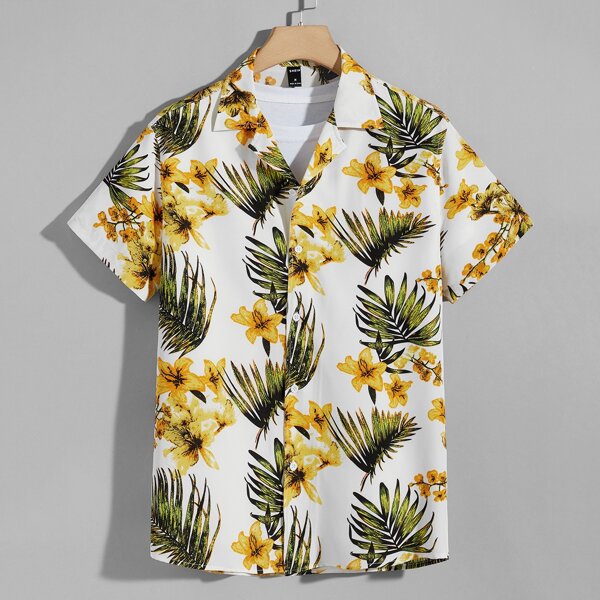 

Men Lapel Collar Tropical Print Shirt, Multicolor