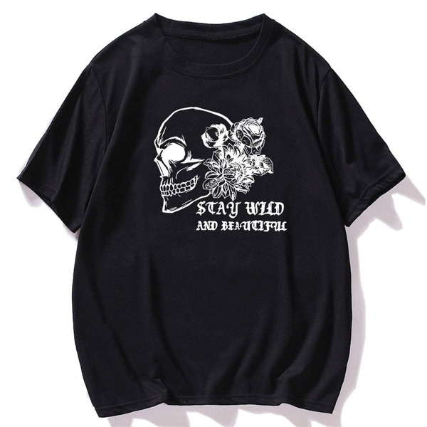 

Men Floral And Skull Print Tee, Black