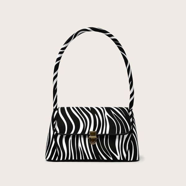 

Zebra Striped Pattern Push Lock Shoulder Bag, Black and white