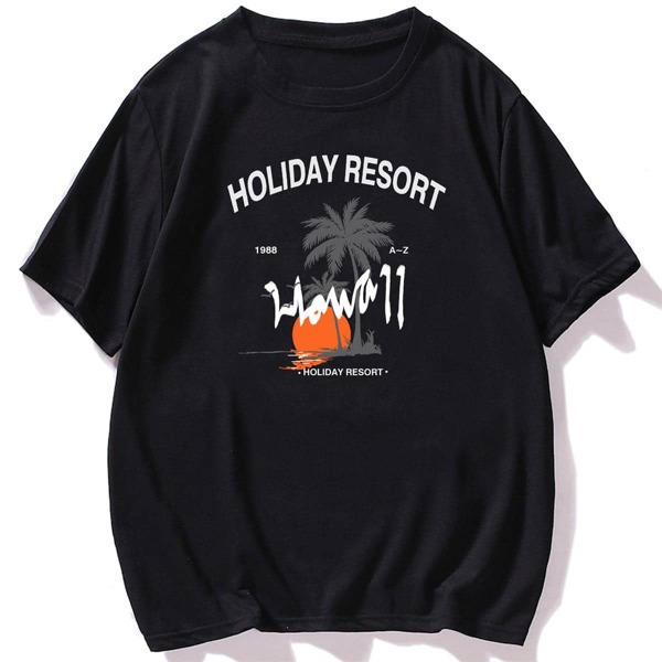 

Men Letter And Tropical Print Tee, Black