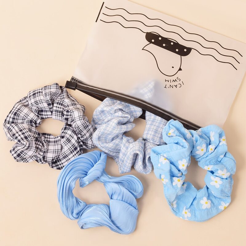 

4pcs Flower & Plaid Scrunchie, Blue