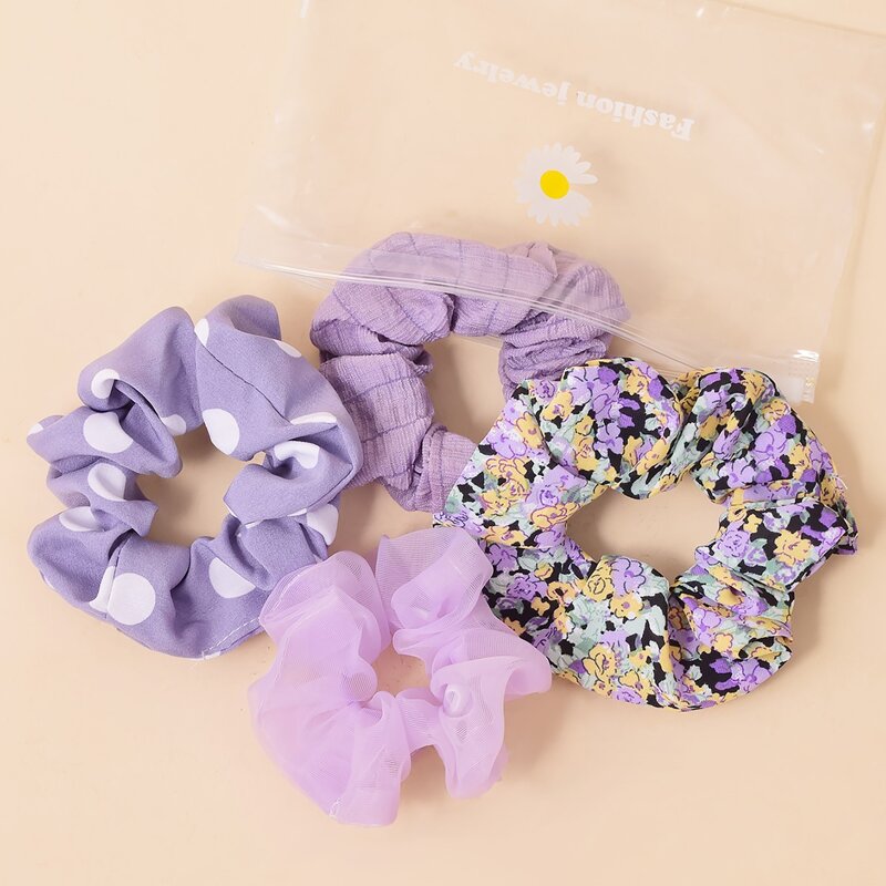 

4pcs Polka Dot & Flower Pattern Scrunchie, Purple