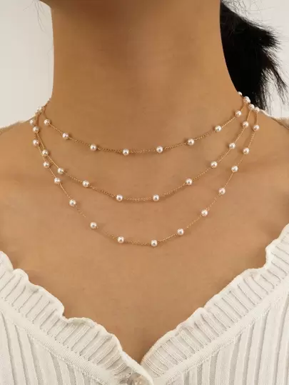 1pc Minimalist 3-Layer Faux Pearl Necklace, European & American INS Style (Random Quantity Of Faux Pearls)