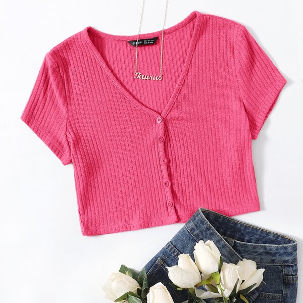 

V-neck Button Placket Crop Tee, Hot pink