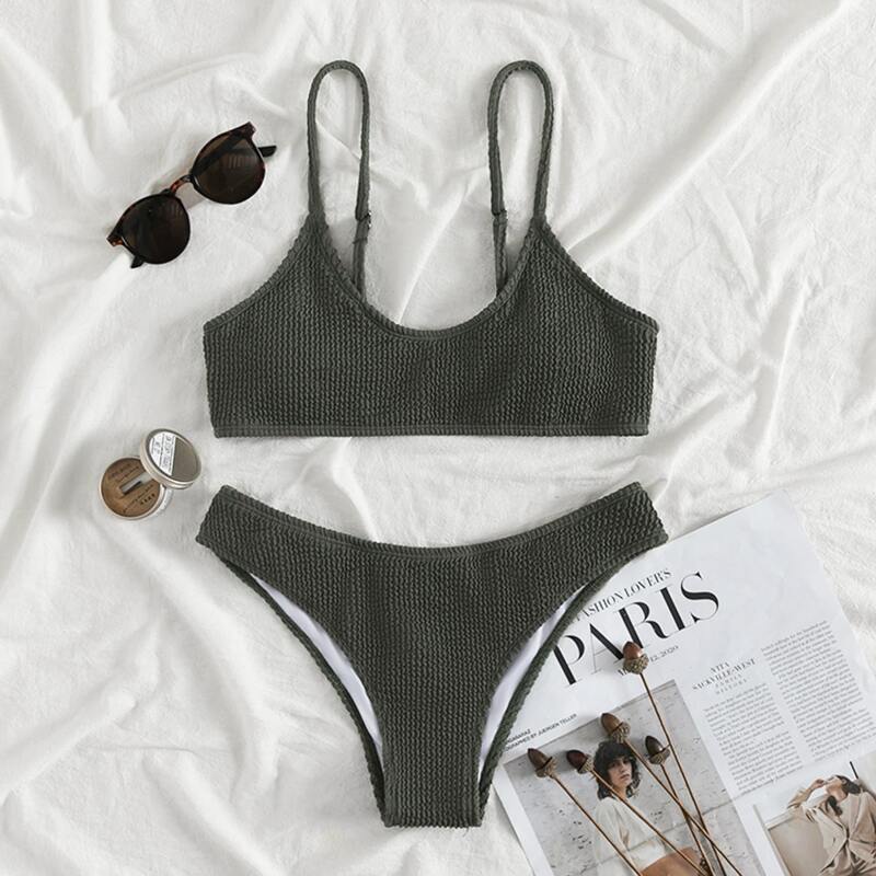 

Solid Textured Bikini Swimsuit, Army green