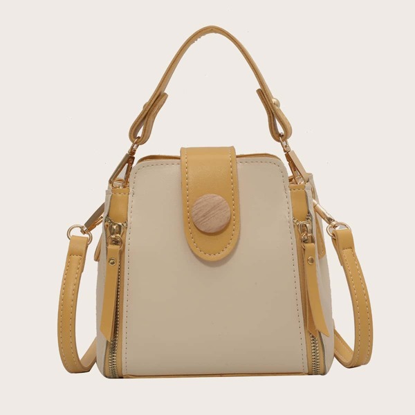 

Zipper Detail Snap Button Satchel Bag, Yellow