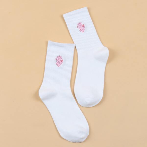 

Cartoon Embroidery Crew Socks, White