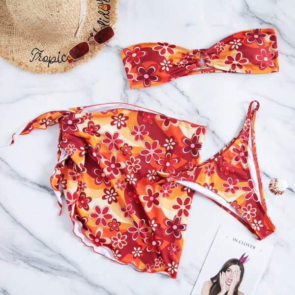 

Floral Print Bandeau Bikini Swimsuit With Beach Skirt, Multicolor