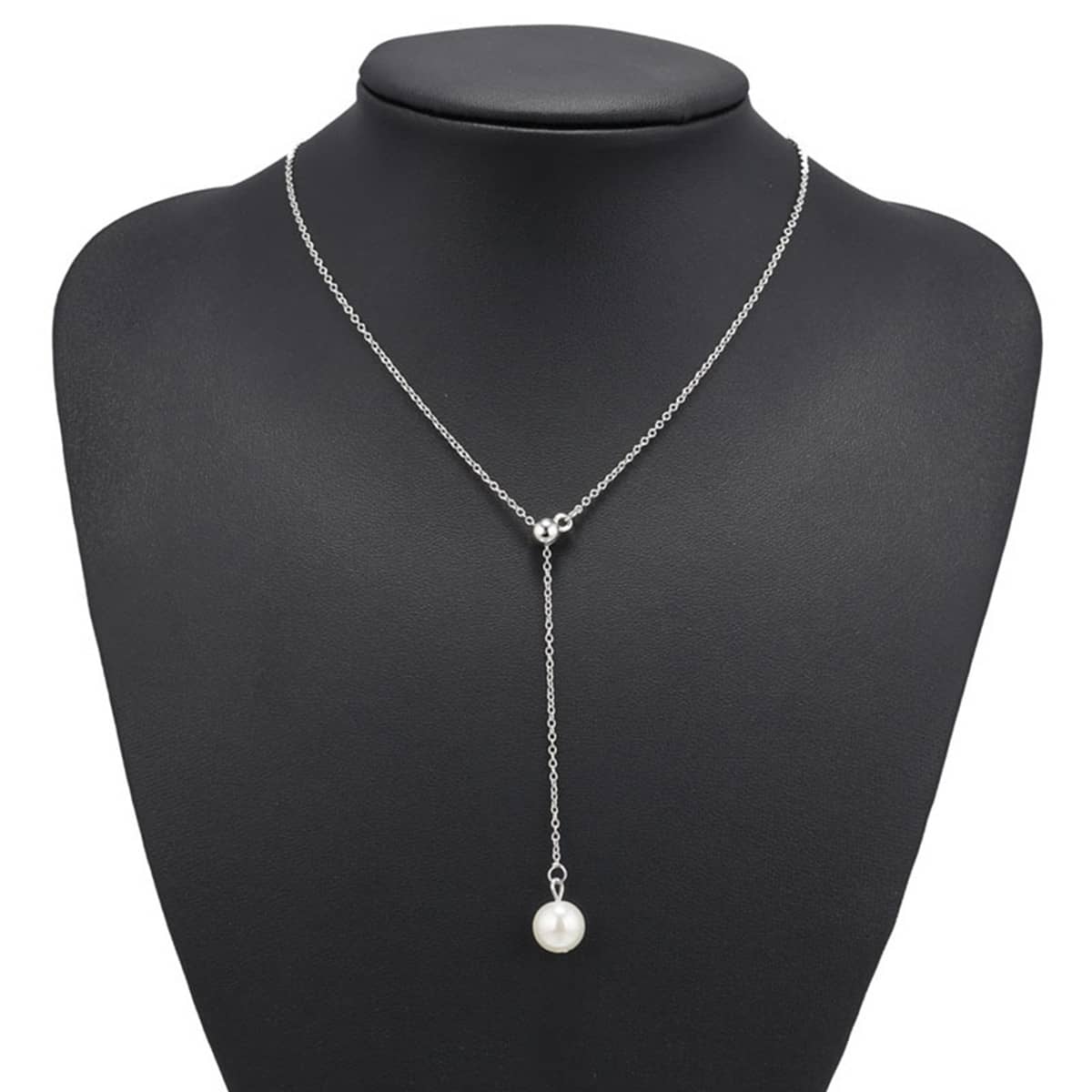 

Faux Pearl Y Lariat Necklace, Silver